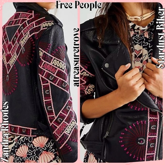Free People Jackets & Blazers - Zandra Rhodes Free People Stardust Biker Sm Black Pink Leather Embroidered Moto